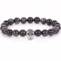 8mm matte volcanic stone beaded bracelet with micro-pave silver skull charm detail. - 19cm 8mm / Silver Obsidian Silver Skull