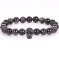 Handmade 8mm black natural stone bead bracelet featuring a micro-pave skull charm - 19cm 8mm / Silver Obsidian Black Skull