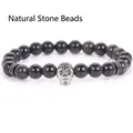Handmade 8mm black natural stone bead bracelet featuring a micro-pave silver skull charm. - 19cm 8mm / Gold Obsidian Silver Skull