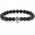 Men's 8mm matte black volcanic stone bead bracelet with micro-pave silver skull charm - 19cm 8mm / Frosted Black Stone Silver Skull
