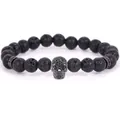 Handmade 8mm black lava stone bead bracelet featuring a pave-set skull charm - 19cm 8mm / Volcanic Stone Black Skull