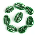 Detail view of metallic green electroplated cowrie shell beads for DIY jewelry crafts. - 10-20mm Random (1 Piece) / Green Shell
