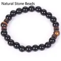 Handmade ethnic matte black bead bracelet with natural tiger eye and wood spacers - Glossy Black Double Tiger Eye / 19cm