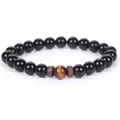 Handmade black beaded bracelet featuring a tiger eye stone and wooden spacers for unisex - Glossy Black Single Tiger Eye / 19cm