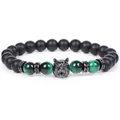 Close-up of men's beaded bracelet featuring green tiger eye and zircon wolf head charm. - Matte Black Green Tiger Eye Style / 8mm / 19cm