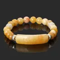 Yellow graphic stone agate bracelet with round beads and center plate - 19cm Perimeter + 8mm Beads / Topaz Tube Bead