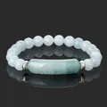 Elegant light blue map stone agate beaded bracelet featuring a central tube shaped focal bead - 19cm Perimeter + 8mm Beads / Aquamarine Tube Bead