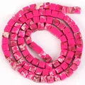 Detailed macro shot of 4x4mm bright pink square natural stone beads with marble texture - Approx 86-92 Pieces/Pack / Rose Red (Imperial Jasper)
