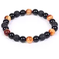 Macro detail of 8mm natural tiger eye and volcanic lava stone beads on a white background - Volcanic Stone Black Agate Grade A Solar Tiger Eye (B0058) / 8mm Bead - 19cm Circumference / Solar Tiger Eye + Volcanic Stone + Black Agate
