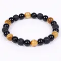 Handmade 8mm natural tiger eye and black lava rock stone beaded bracelet for men and women - Polished Black Volcanic Stone Gold Tiger Eye (B0058) / 8mm Bead - 19cm Circumference / Golden Tiger Eye + Black Volcanic Stone