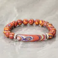 Buntes Bildstein-Achat-Perlenarmband mit zentralem rechteckigem Perlenstab. - 19cm Umfang + 8mm Perlen / Synthetische rote Pfauen-Röhrenperle