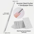 Professional double-ended steel nail cuticle pusher set with 100 grit sandpaper pads - Russian Circle Pusher Set / With Grinding Pads / Silver