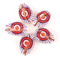 Detailed view of five printed cowrie shells with eye pattern for DIY jewelry making. - 10 Pieces Pack / Red Eye Striped Purple Shell