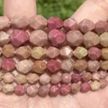 Detailed close-up of faceted natural pink quartz beads with diamond-cut rhombic shape - 6mm Approx 58 Pieces / #8 Faceted Red Wood Grain Stone
