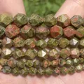Close-up of faceted natural Unakite stone beads for DIY jewelry making - 6mm Approx 58 Pieces / Faceted Ukraine Green Stone