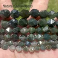Macro view of natural faceted green moss agate stone beads for DIY jewelry making - 10mm Approx 37 Pieces / Faceted Indian Agate