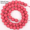 Close-up detail of rose red porous lava stone round beads for DIY jewelry making - Lava Stone / 4mm (Approx. 88 Pcs) / Rubber Rose Red