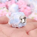 Close-up detail of handmade light blue rose flower ball bead with heart-shaped crystal and pearls - Blue Rose Flower Ball (S3471) / 1 Piece (20mm) / Blue