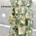 Macro detail showing texture of irregular raw natural prehnite stones on green string - Prehnite (9) / 15 Pieces/Pack