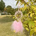 Dettaglio di un acchiappasogni rosa Albero della Vita con cristalli e piume soffici - Quarzo rosa