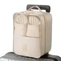 Portable three-layer beige travel shoe storage bag with mesh window and sturdy handle. - 30x23x13.5cm / Beige