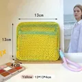 Mini bolsa de maquillaje de malla amarilla con asa morada y 13x13x4cm - Estilo con Asa / 13x13x4cm / Amarillo