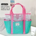 Large mesh beach storage bag with pink straps and green color-block for travel - L / 43x29cm / Mint Green