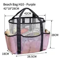Large purple mesh beach storage bag with 42x18x28cm size dimension annotations - Unstructured Beach Bag (H10) / 42x18x28cm / Purple