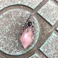 Vintage pink crystal hexagonal pendant with intricate 12-faceted stone wing design - 12 Facet Hexagonal Cone (B18) / Antique Silver Rose Quartz