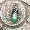 Hexagonal green crystal cone pendant with vintage silver bat wing wrap - 12 Facet Hexagonal Cone (B18) / Antique Silver Green Aventurine