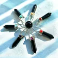 Natural black obsidian hexagonal pillar crystal pendulum with silver decorative wrap - Obsidian