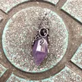 Retro hexagonal amethyst crystal cone pendant with gothic bat wing metal wrap detail - 12 Facet Hexagonal Cone (B18) / Antique Silver Amethyst