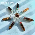 Natural tiger eye stone hexagonal crystal point star arrangement with colorful inlaid gems - Tiger's Eye