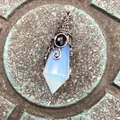 Vintage hexagonal opalite crystal pendant with intricate silver metal wrap and black stone - 12 Facet Hexagonal Cone (B18) / Antique Silver Opalite