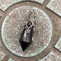 Vintage gothic hexagonal black crystal pendant with silver filigree bat wing design. - 12 Facet Hexagonal Cone (B18) / Antique Silver Black Obsidian