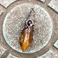 Vintage gothic bat wing necklace featuring 12-faceted tiger eye hexagonal pendant - 12 Facet Hexagonal Cone (B18) / Antique Silver Tiger Eye