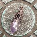 Vintage purple hexagonal crystal pendant with bronze wire wrap and black stone - 12 Facet Hexagonal Cone (B18) / Antique Bronze Amethyst