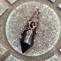 Gothic black hexagonal faceted cone pendant with vintage bronze bat wing wire wrap - 12 Facet Hexagonal Cone (B18) / Antique Bronze Black Obsidian
