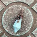Vintage bronze filigree wrapped light blue hexagonal crystal cone pendant with black gem - 12 Facet Hexagonal Cone (B18) / Antique Bronze Turquoise