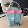 Handheld mesh storage bag with vibrant pink and blue summer color-blocking design - Blue