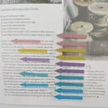 Detailed view of colorful Morandi transparent arrow index stickers for reading and marking pages. - Colorful