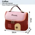 Cute house-shaped cosmetic travel bag in coffee and pink with decorative pearl handle - Berry Hazelnut