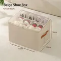 Beige foldable shoe storage box with multi-compartments and clear lid, 43x32x30cm - Non-woven Style / 12-Compartment Pack / Beige