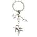 Eleganter silberner Metall-Schlüsselanhänger mit hohlen und massiven Sternanhängern - Kreuz Vierstrahliger Stern Pentagramm Stil (ER1250) / 3x8.5cm