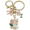 Sweet enamel rabbit keychain with pink rose and bow charms in gold finish - Rose Rabbit Bow Style (ER1722) / Pink