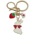Cute enamel white rabbit keychain accessory featuring a red bow and strawberry charm - Strawberry Bow Rabbit Style (ER1725) / White