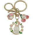 Kawaii golden Easter bunny keychain with cherry milk carton and flower wreath charms - Cherry Milk Flower Rabbit Style (ER1729)