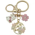 Gold-plated enamel keychain featuring detailed white rabbit and pink cherry blossom charms - Cherry Blossom Rabbit Style (ER1733)