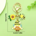 Porte-clés abeille mignon avec charms tournesol et gnome sur fond vert, 9cm - Style Nain d'Ailes d'Abeille de Tournesol (ER1736)