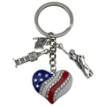 Patriotic American flag heart keychain featuring Statue of Liberty and Big Ben charms - Rhinestone Heart Flag Statue of Liberty (ER1654)